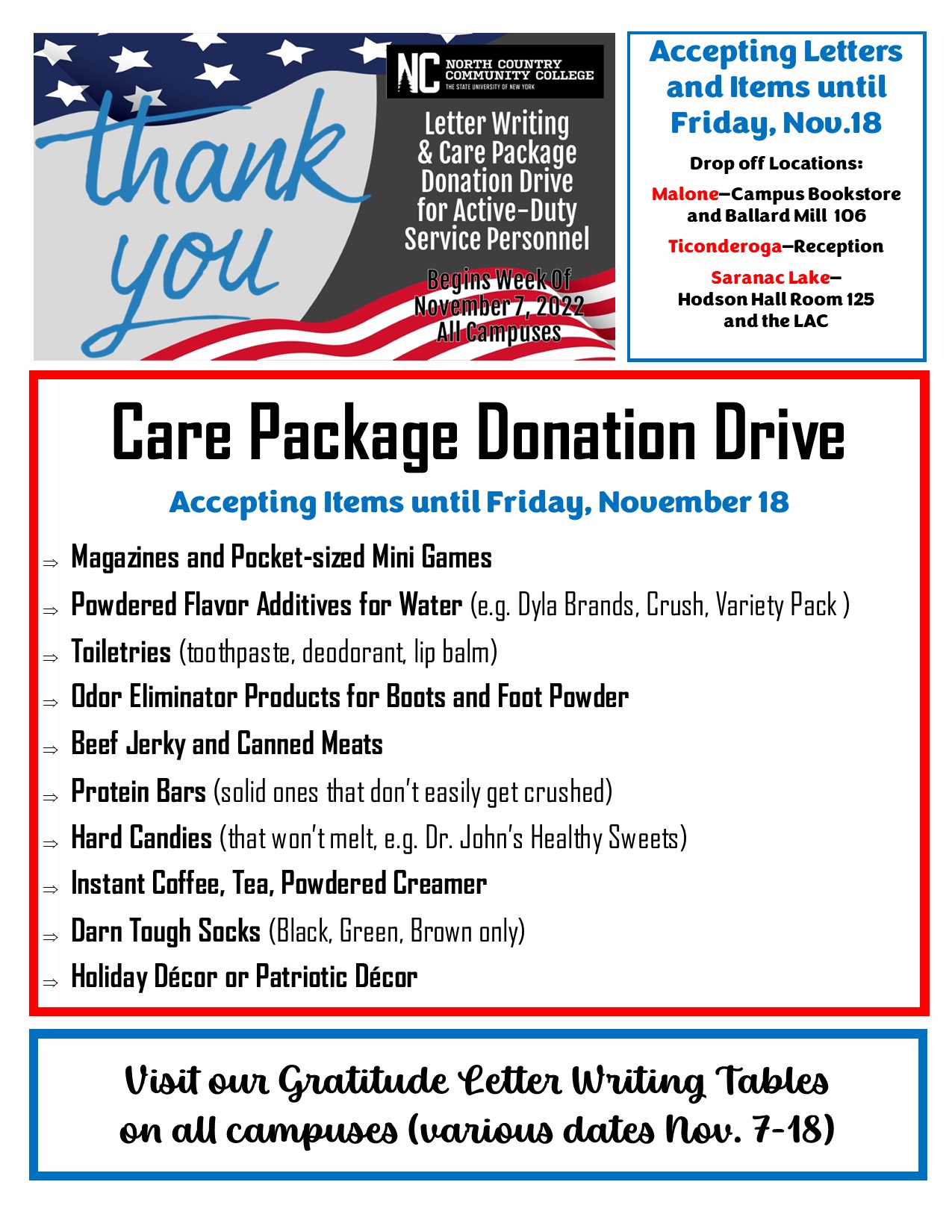 Letter Writing & Care Package Donation Drive (all campuses)