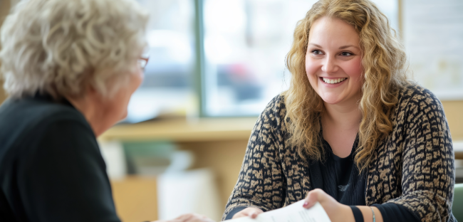 A woman listens to another woman as they sit at a table