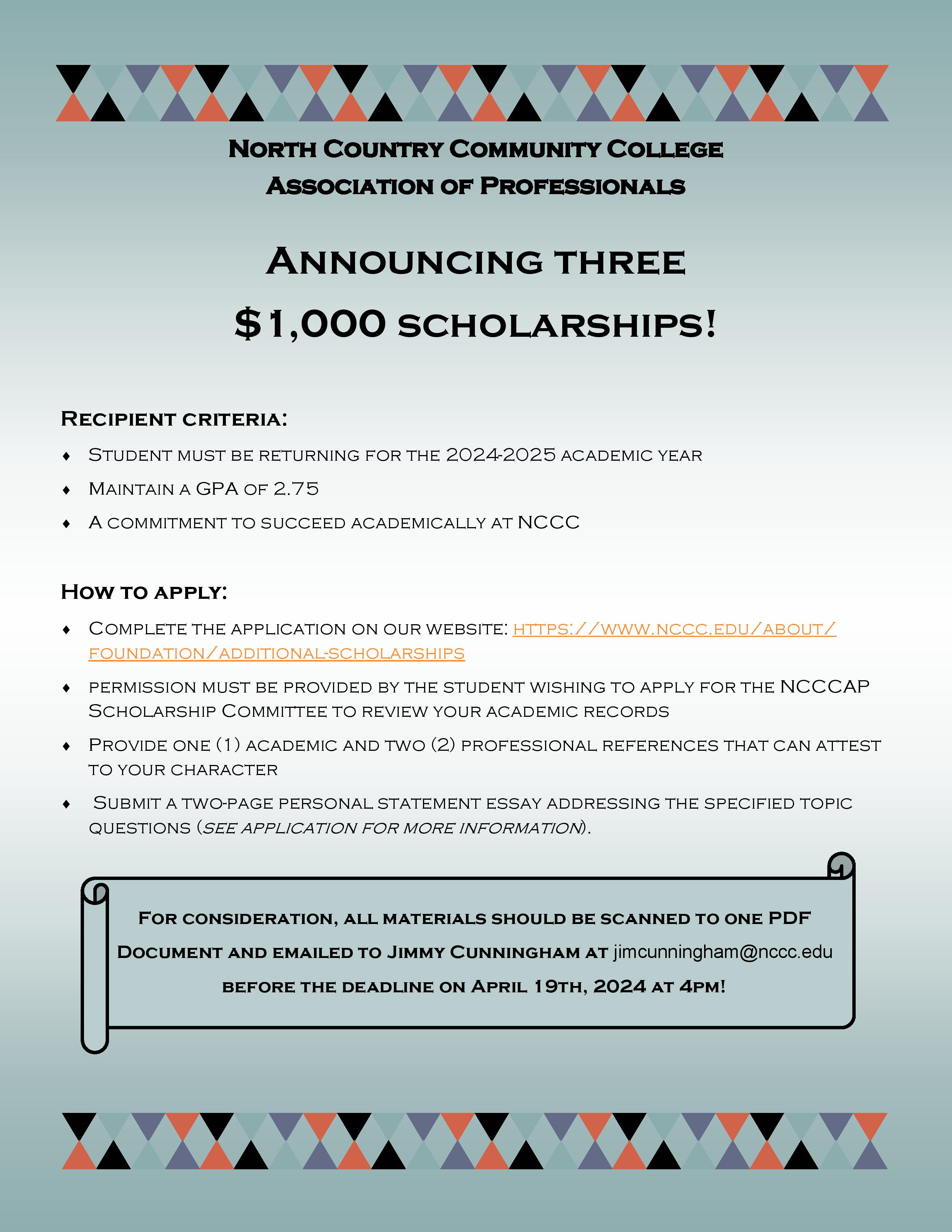 A flyer describing the NCCCAP scholarships available to students.
