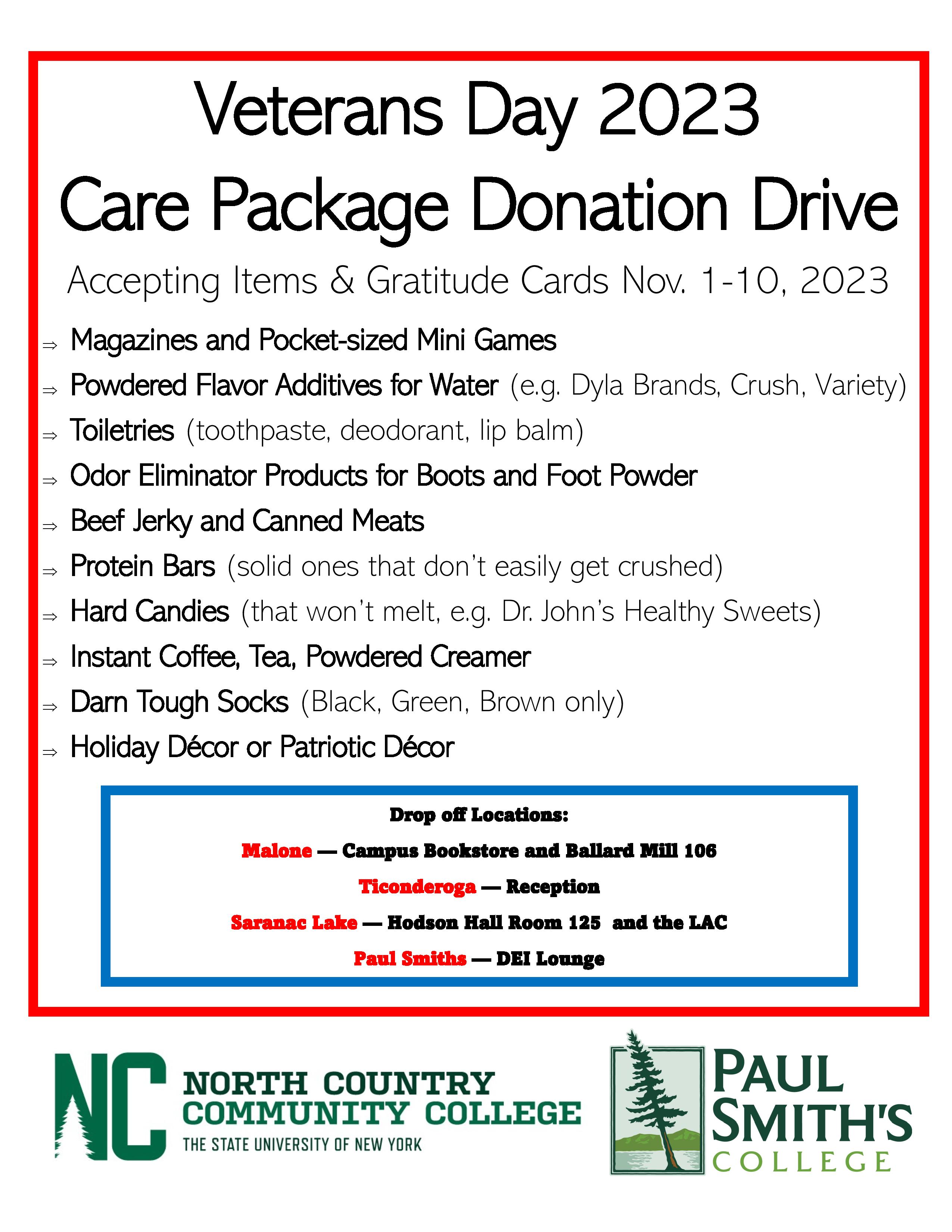 A flyer outlining how to contribute to a Care Package Drive for veterans