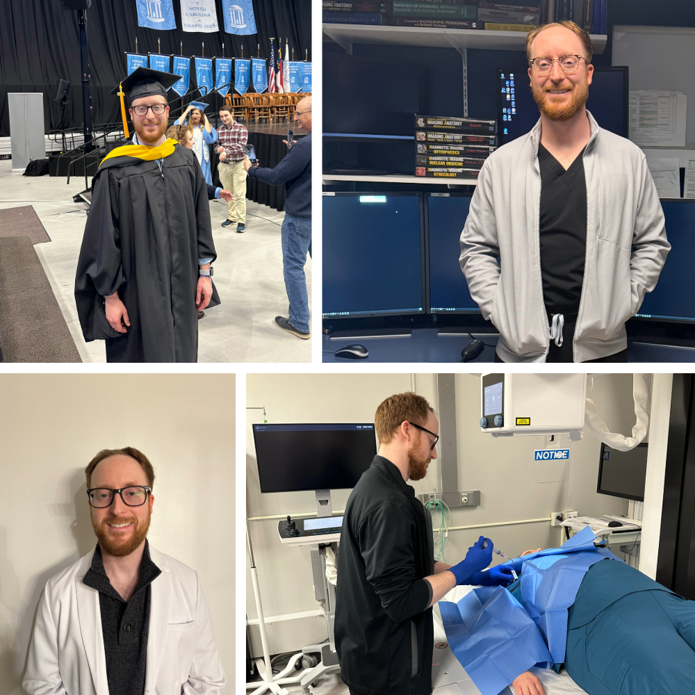 A collage of pictures featuring Tyler Belleau, including at his graduation and at work in a hospital