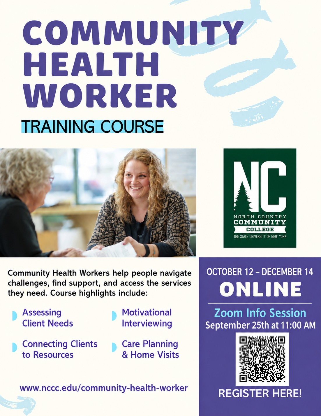 Get started now! Register for the Community Health Worker training program A flyer showing details about the Community Health Worker training program