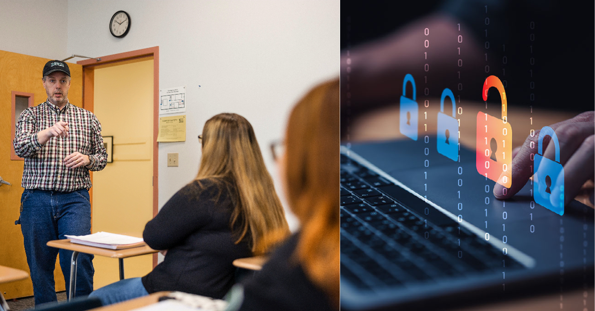 Two pictures. In one, an instructor talks to students in a Criminal Justice course. In the other, a person works at a computer.