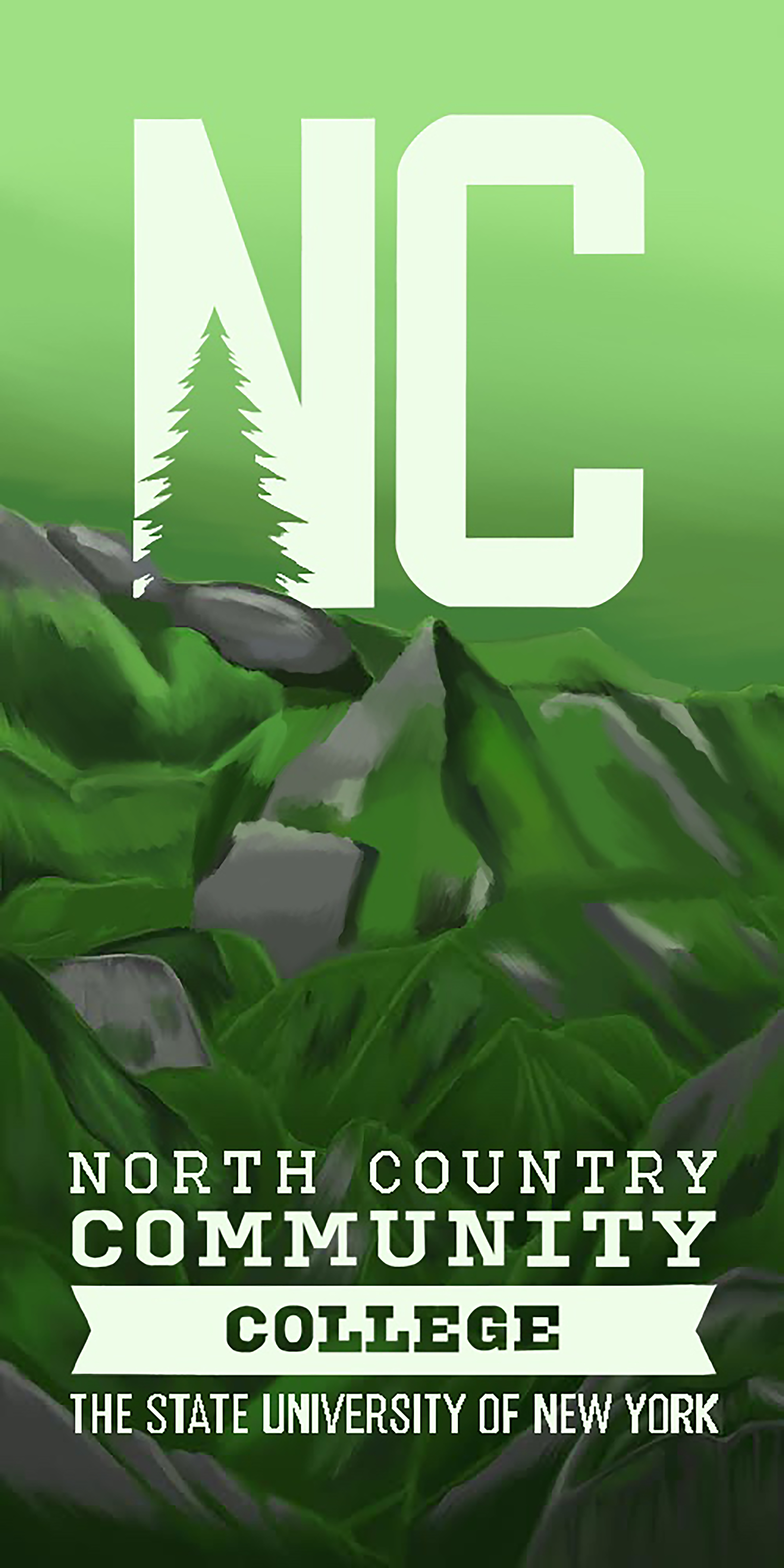 A banner showing the college's logo in green and white with abstract mountains at the bottom