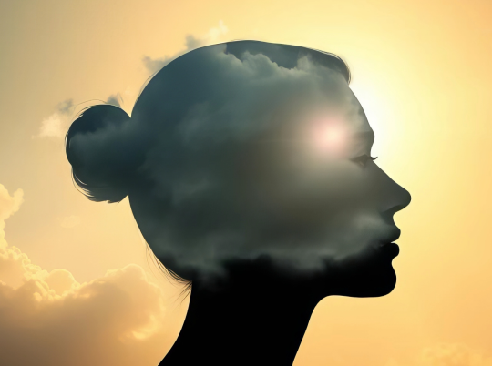 A silhoutte of a woman's head surrounded by clouds against a dusky sky.