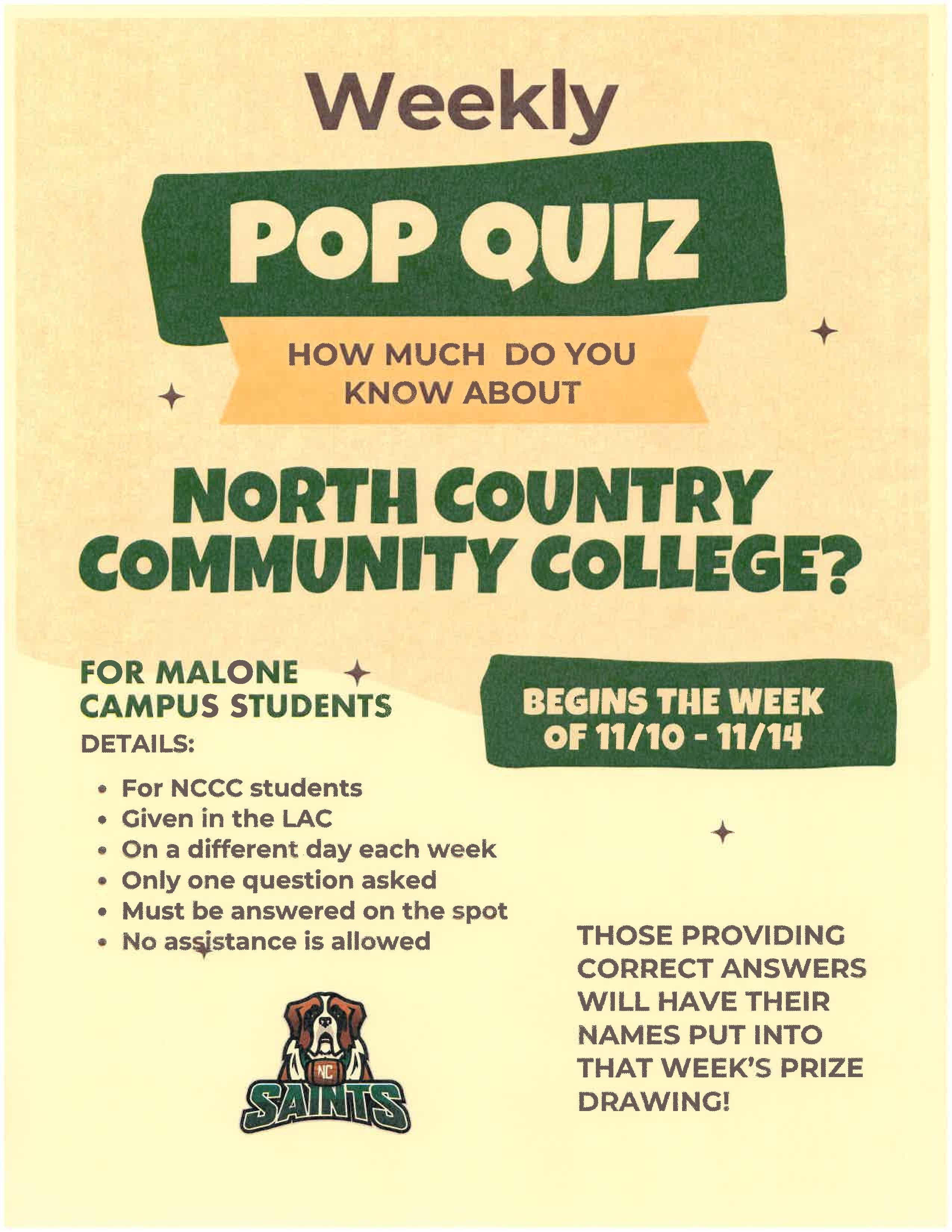 A flyer with details about a Malone LAC pop quiz