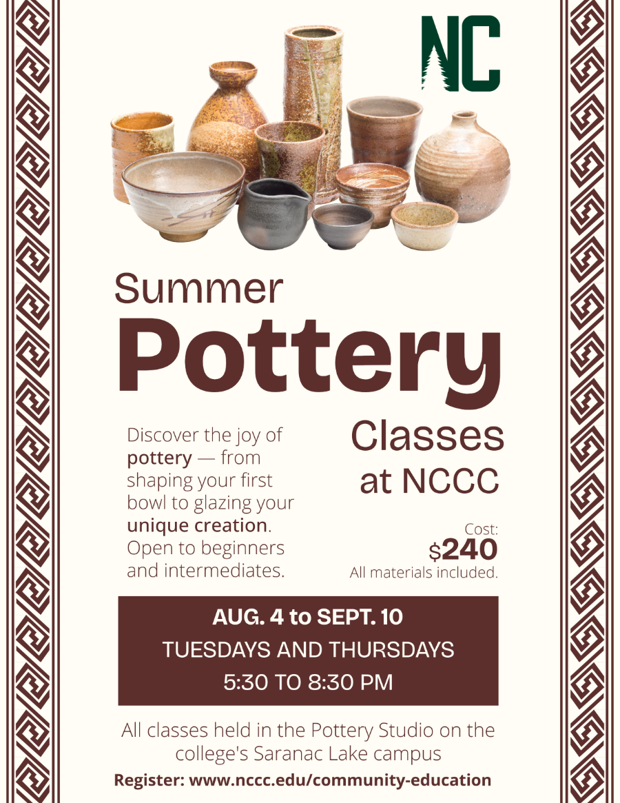 A flyer showing information about summer pottery classes at NCCC, including images of completed pots