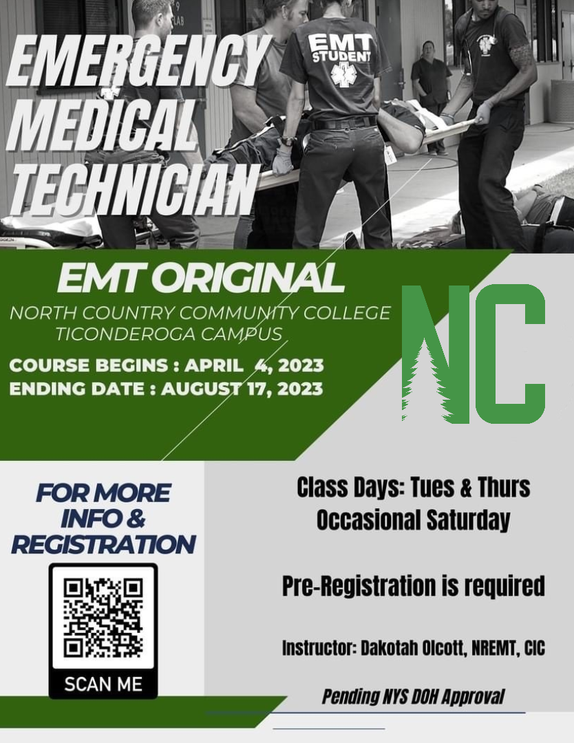 A flyer with information about an EMT class at North Country Community College