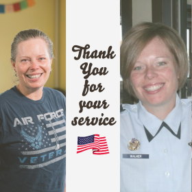 Photos of Keri Walker, one in the present, one of her in uniform, with a message saying Thank You for your service and an American flag.