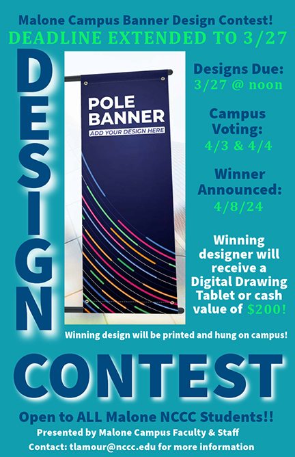 A banner outlining details of a Banner Design Contest at NCCC Malone.
