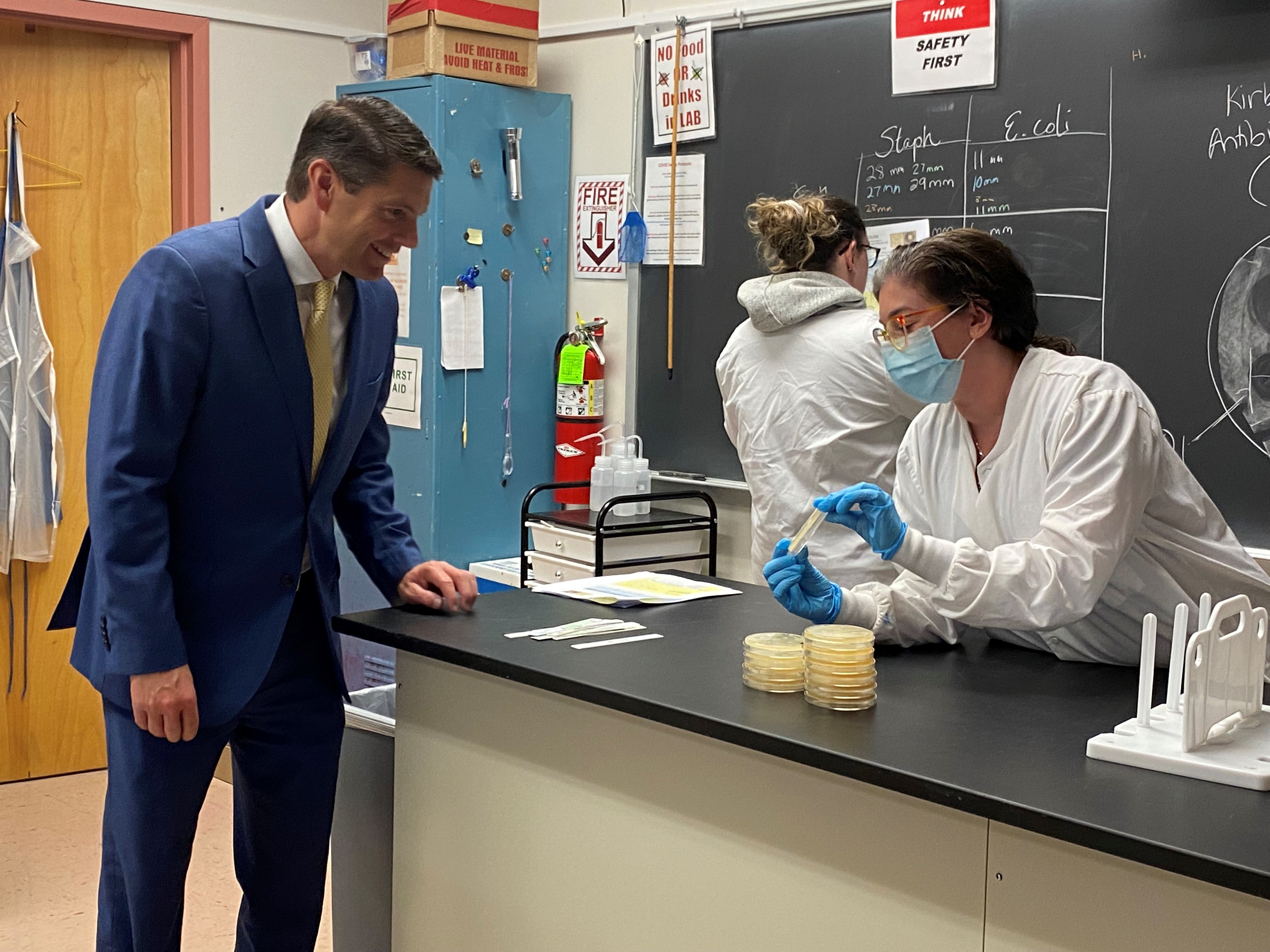 State Assemblyman Billy Jones talks with North Country Community College faculty member Sarah Shoemaker in the college’s Malone campus science lab on Wed., Oct. 12, 2022. Jones toured the campus after announcing $250,000 in funding to upgrade the science lab.