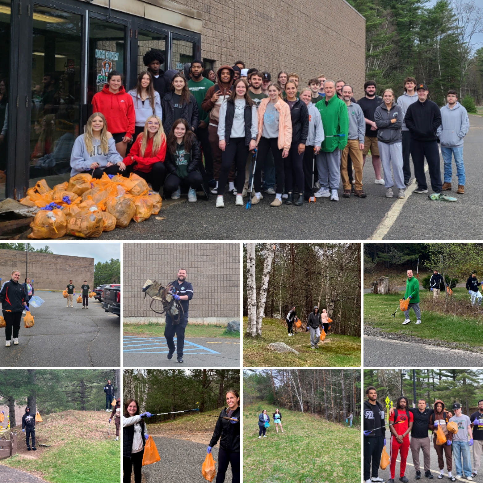 A collage of photos shows people collecting garbage and putting it in plastic bags around a college campus