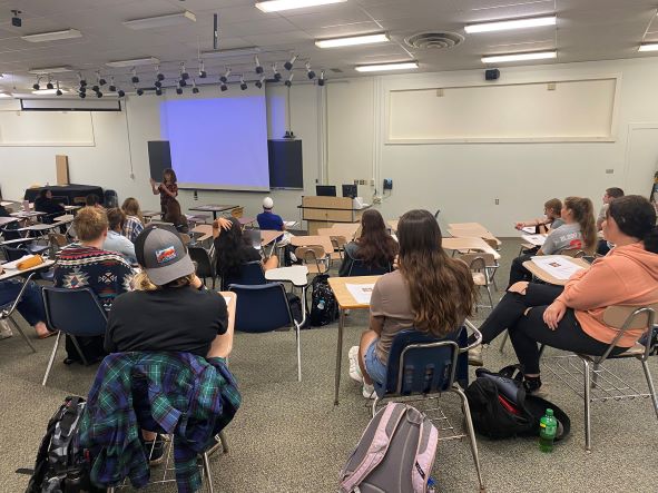 Students listen as instructor Donna Whitelaw leads a human biology class Monday, the first day of classes, at North Country Community College in Saranac Lake.