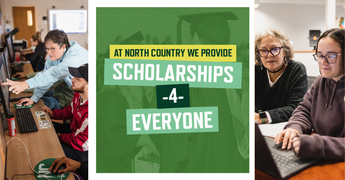 Students at work in classrooms with a graphic about scholarship opportunities