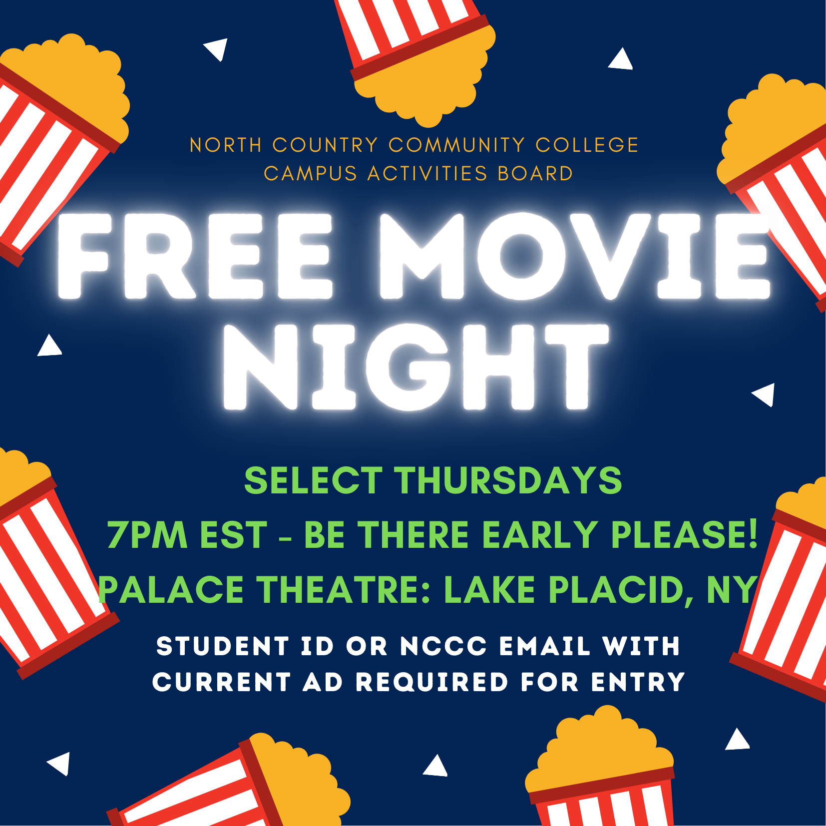 Lake Placid Theatre Free Movie Night for NCCC