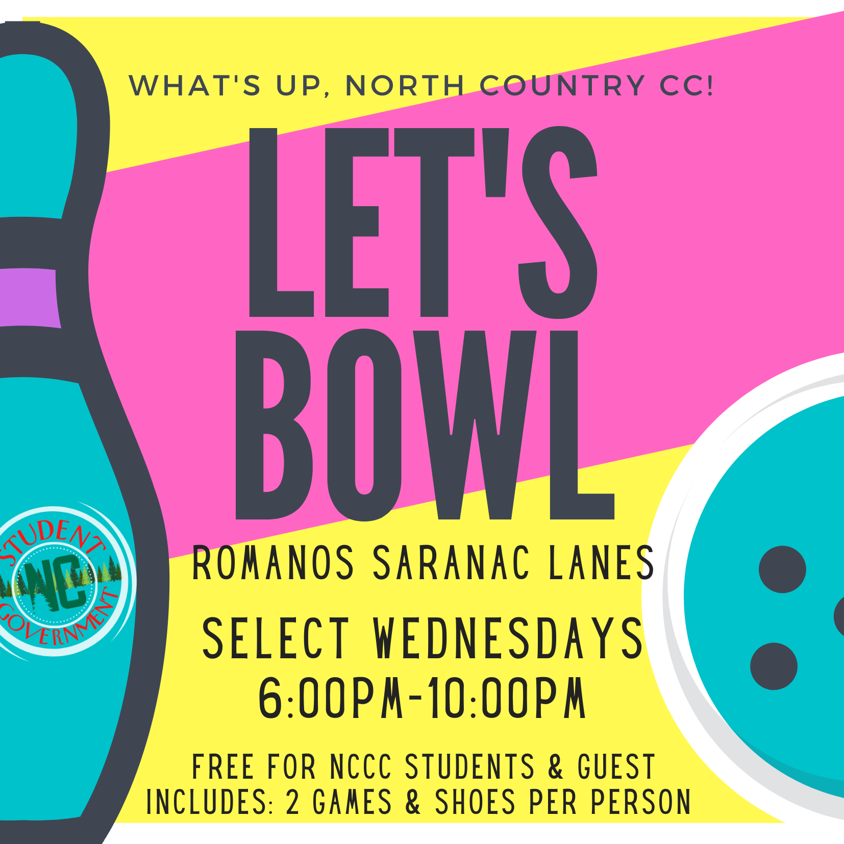 FREE NCCC Bowling at Romano's Saranac Lanes