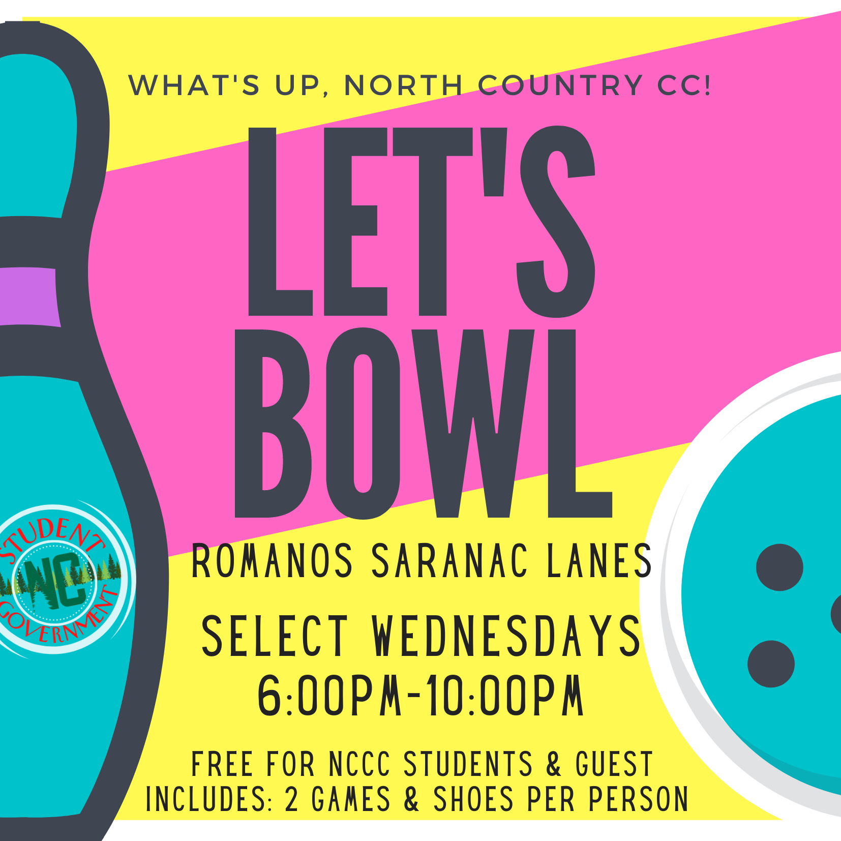 Free NCCC Bowling at Romano's Saranac Lanes